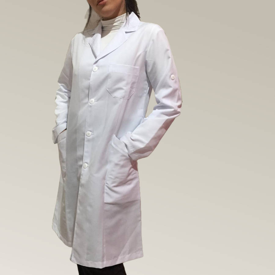 Jaleco Feminino Branco Acinturado Bolso Corte Faca Microfibra Leve Manga Longa Com Aleta - Imagem 3