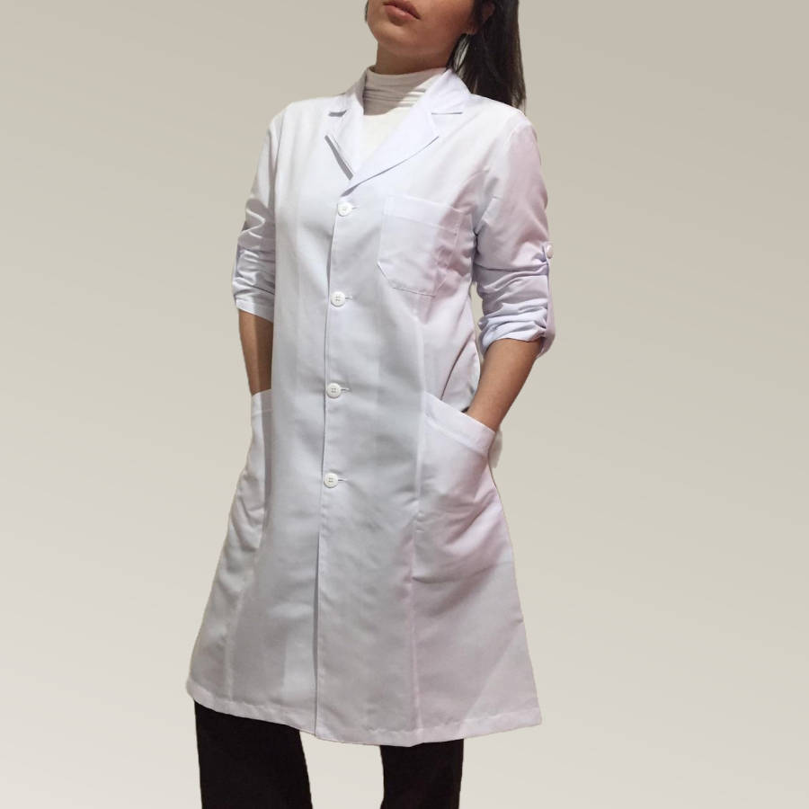 Jaleco Feminino Branco Acinturado Bolso Corte Faca Microfibra Leve Manga Longa Com Aleta - Imagem 2