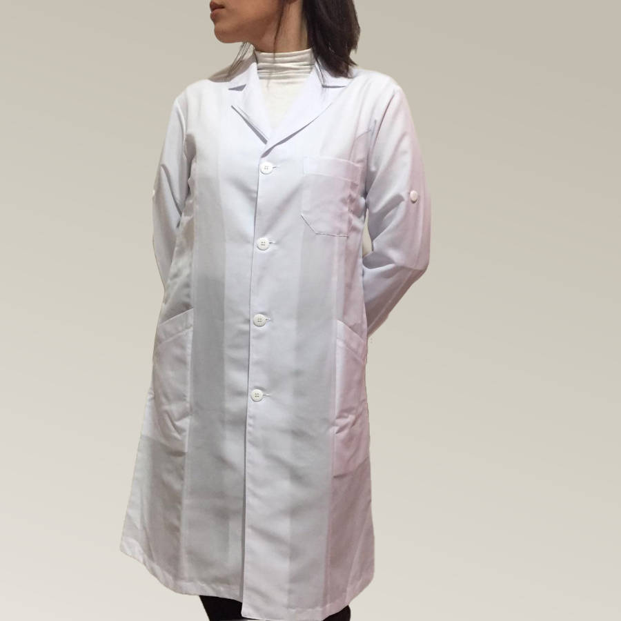 Jaleco Feminino Branco Acinturado Bolso Corte Faca Microfibra Leve Manga Longa Com Aleta