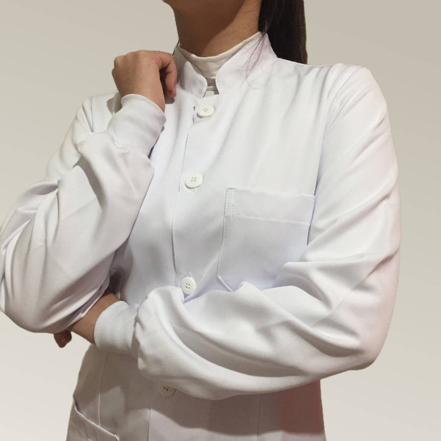 Jaleco Feminino Branco Acinturado Gola Padre Com Punho 3 Tirinhas Microfibra Pesada - Imagem 2