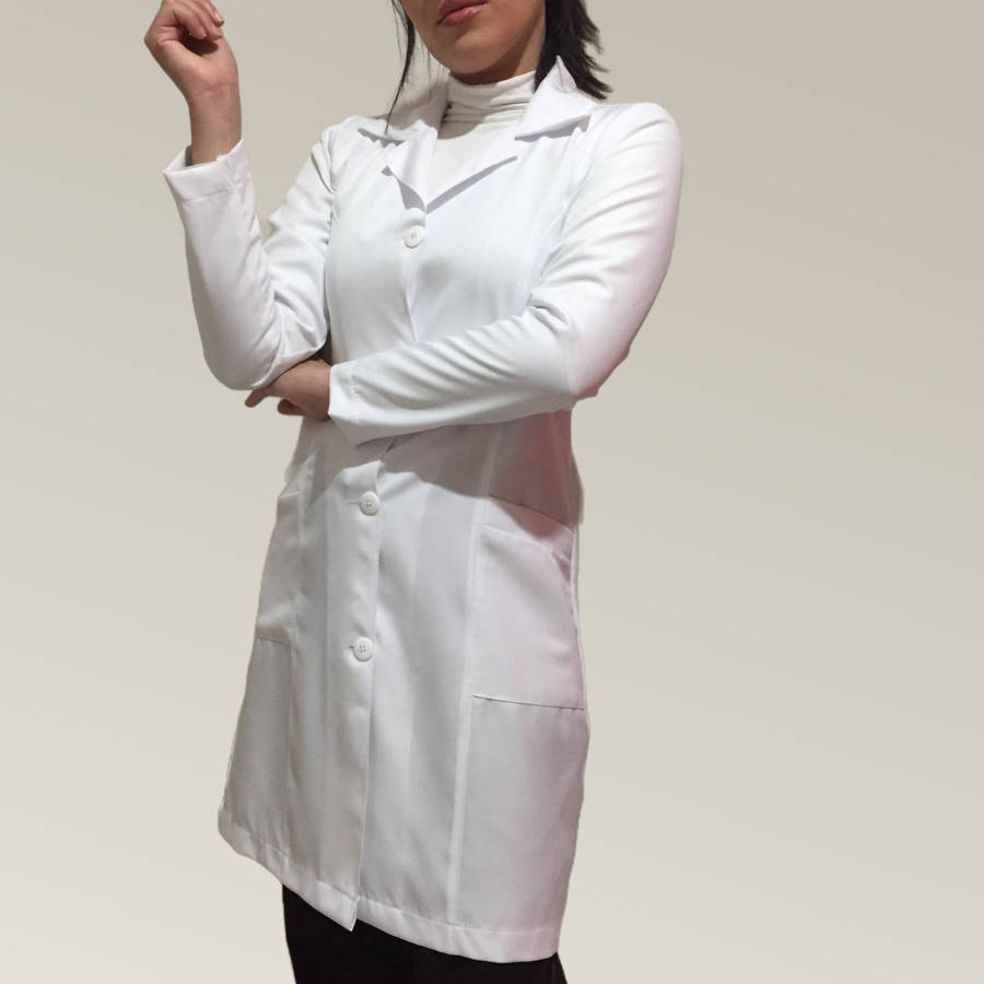 Jaleco Feminino Branco Acinturado Bolso Corte Faca Gabardine Microfibra - Imagem 3