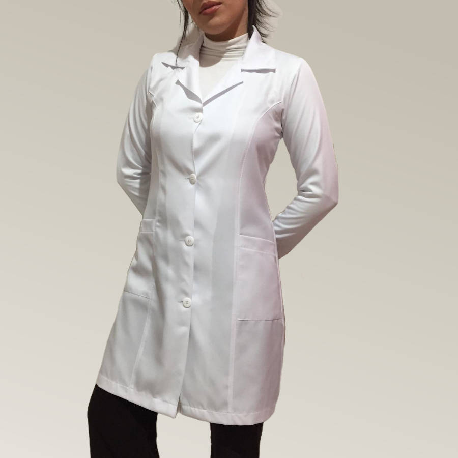 Jaleco Feminino Branco Acinturado Bolso Corte Faca Gabardine Microfibra - Imagem 2