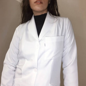 Jaleco Feminino Branco Acinturado 3 Tirinhas Bolso Corte Faca Gabardine Microfibra Gola Italiana